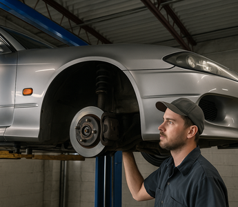 A mechanic with an S15 drift car on the lift looking at inner tie rods