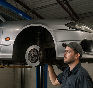 A mechanic with an S15 drift car on the lift looking at inner tie rods