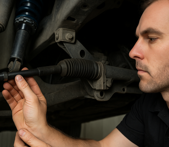 A mechanic inspecting a car's inner tie rod near the steering rack, suspension visible