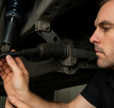 A mechanic inspecting a car's inner tie rod near the steering rack, suspension visible