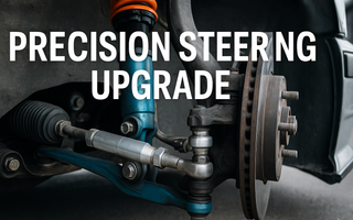 Close-up of a performance inner tie rod installed on a car steering rack with upgraded control arms