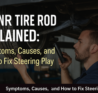 A mechanic looking at a car on the lift and its inner tire rod