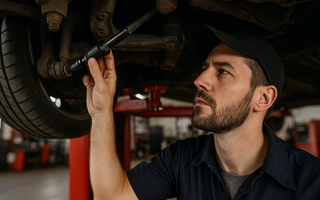 A mechanic looking at a inner tire rod on a car which is on a lift