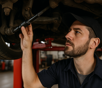 A mechanic looking at a inner tire rod on a car which is on a lift