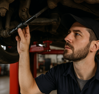 A mechanic looking at a inner tire rod on a car which is on a lift