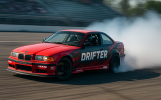 A drift car executing a clean controlled slide through a turn, tire smoke filling the background.