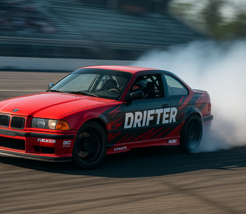 A drift car executing a clean controlled slide through a turn, tire smoke filling the background.