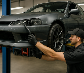 Mechanic checking inner tie rod play on a lifted drift car using steering shake method