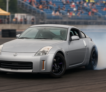 Nissan 350Z fitted with a high-angle steering kit, mid-drift at a motorsports event