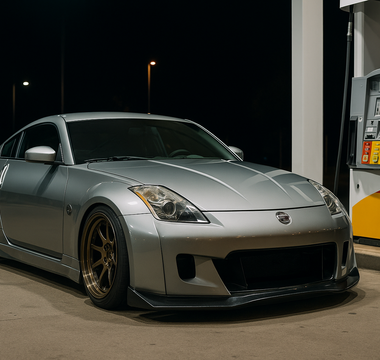 Slammed silver Nissan 350Z with a wide body kit parked at a gas station pump at night, illuminated by neon lights reflecting off wet pavement, showcasing aggressive stance and lowered coilover suspension.