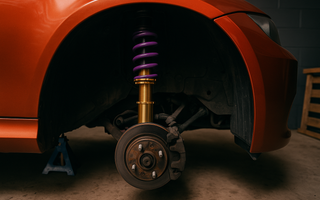 A lowered sports car showing off adjustable coilovers in a garage setup, wheels off, suspension visible.