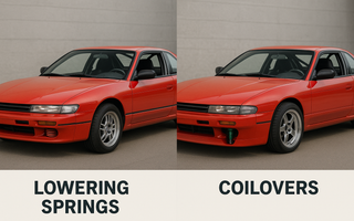 Side-by-side comparison of lowering springs and coilovers installed on drift chassis