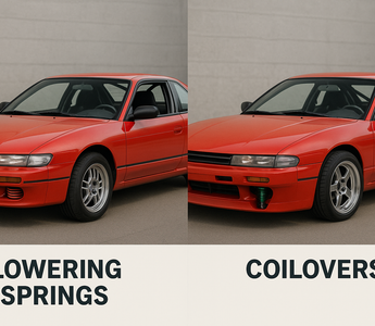 Side-by-side comparison of lowering springs and coilovers installed on drift chassis