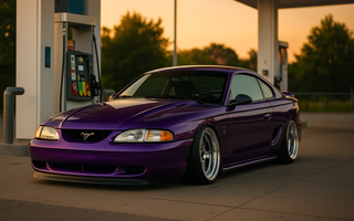 A SN95 Coilover equipped Mustang slammed lowered at a gas station