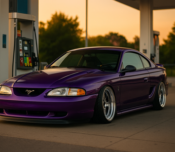 A SN95 Coilover equipped Mustang slammed lowered at a gas station