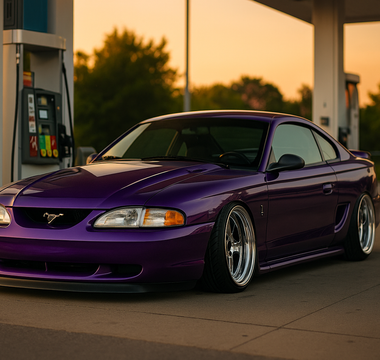 A SN95 Coilover equipped Mustang slammed lowered at a gas station