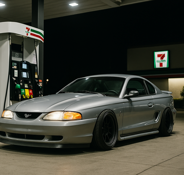 Slammed SN95 drift car parked at a 7-Eleven gas station pump at night under bright canopy lights.