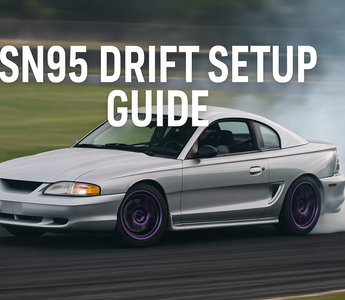 SN95 Mustang mid-drift with visible camber and rear squat, coilovers in action