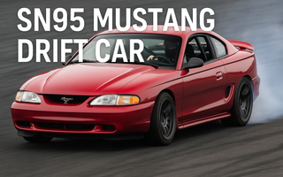 SN95 Mustang set up for drifting with coilovers, increased steering angle, and proper alignment on a closed course