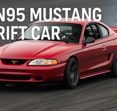 SN95 Mustang set up for drifting with coilovers, increased steering angle, and proper alignment on a closed course