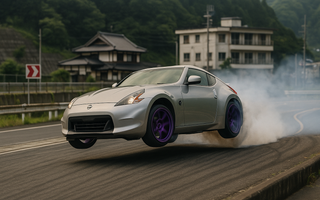 A 370Z coilovers set on a 370Z drifting and jumping on a track in Japan