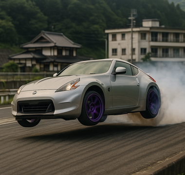 A 370Z coilovers set on a 370Z drifting and jumping on a track in Japan