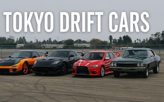 Tokyo Drift movie cars lineup including Veilside RX-7, Nissan 350Z, and Mitsubishi Evo