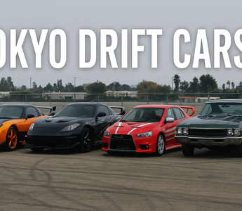 Tokyo Drift movie cars lineup including Veilside RX-7, Nissan 350Z, and Mitsubishi Evo