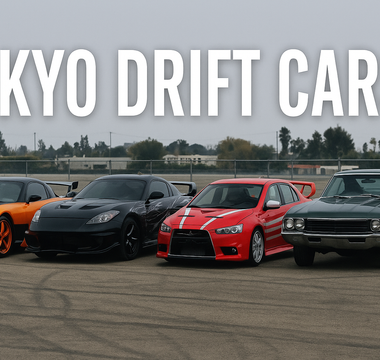 Tokyo Drift movie cars lineup including Veilside RX-7, Nissan 350Z, and Mitsubishi Evo