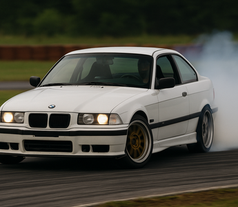 BMW E36 drift car on track with visible angle kit, coilovers, and steering mods