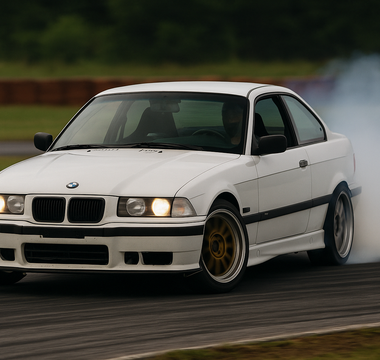 BMW E36 drift car on track with visible angle kit, coilovers, and steering mods