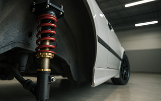 Close-up view of a red and gold adjustable coilover suspension installed on a white performance car inside a modern garage, highlighting the spring, damper, and threaded perch in sharp detail.