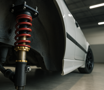 Close-up view of a red and gold adjustable coilover suspension installed on a white performance car inside a modern garage, highlighting the spring, damper, and threaded perch in sharp detail.