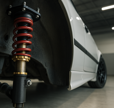 Close-up view of a red and gold adjustable coilover suspension installed on a white performance car inside a modern garage, highlighting the spring, damper, and threaded perch in sharp detail.