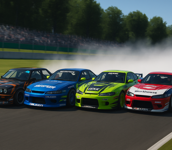 Multiple Assetto Corsa drift cars in a simulate drift angle scenario