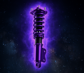 Purple front coilover floating in outer space with a glowing purple aura and star-filled background.