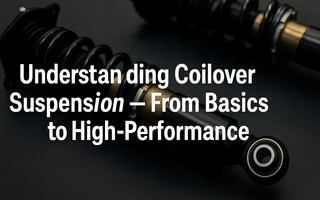 Close-up of a high-performance coilover suspension installed on a sports car inside a workshop, showing the spring, damper, and adjustable collars under realistic lighting.