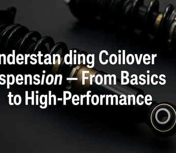 Close-up of a high-performance coilover suspension installed on a sports car inside a workshop, showing the spring, damper, and adjustable collars under realistic lighting.