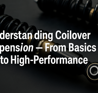 Close-up of a high-performance coilover suspension installed on a sports car inside a workshop, showing the spring, damper, and adjustable collars under realistic lighting.