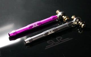 Close-up of performance tie rod installed on drift car suspension